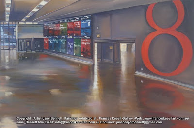 oil painting of interior of the now demolished  Wharf 8 cruise ship terminal at Barangaroo by industrial heritage artist Jane Bennett